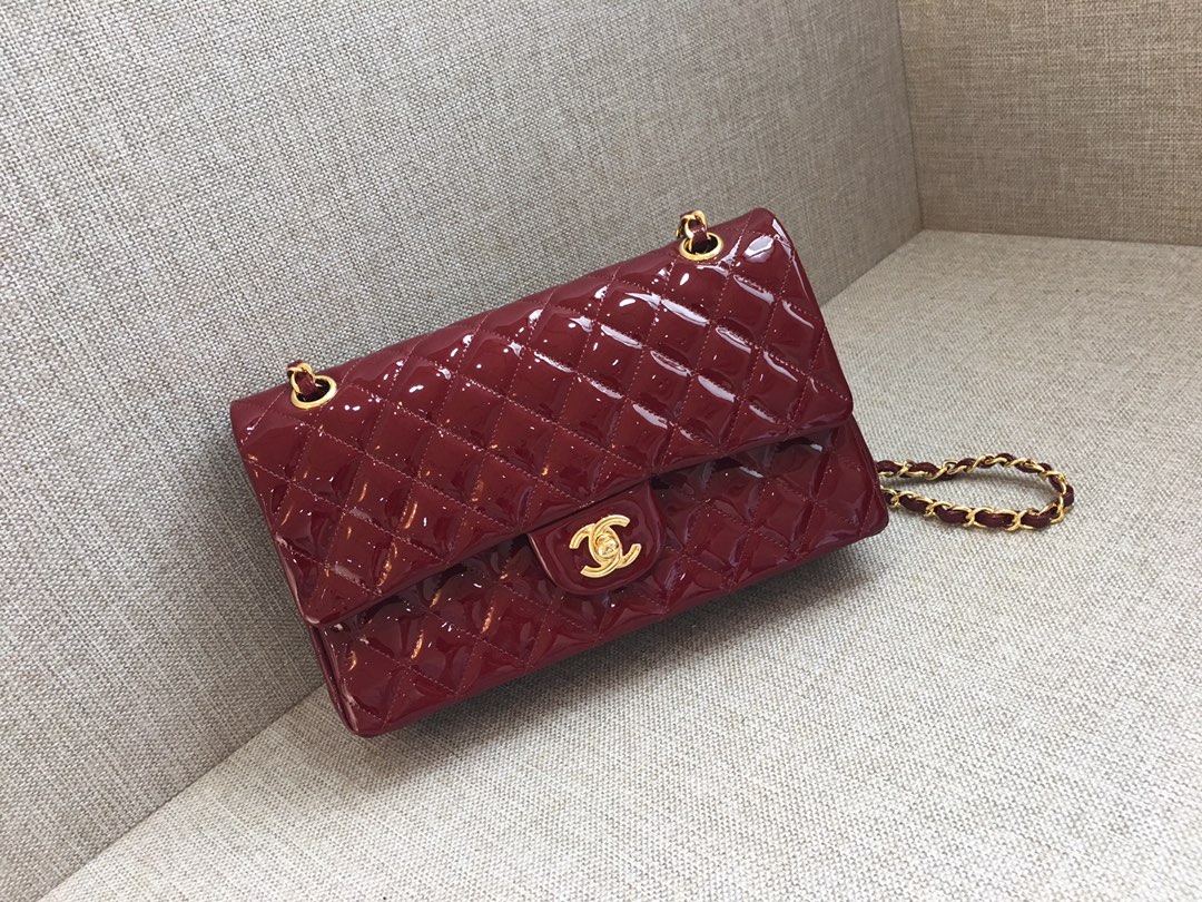 Medium Classic Flap Patent Leather Bag AO1112 Dark Red/Gold